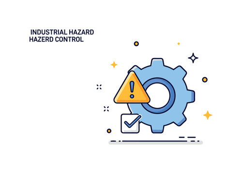 Industrial hazard control illustrated through a gear icon combined with a small warning triangle and check mark, expressing regulated processes and preventive