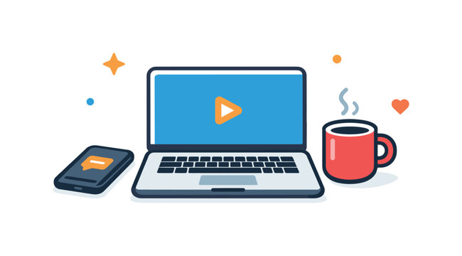 Minimal freelancer desk environment represented by a laptop phone and coffee mug arranged with generous white space to express simplicity and work life