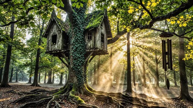 Enchanted treehouse nestled in misty forest with sunbeams and wind chimes for nature and fantasy content