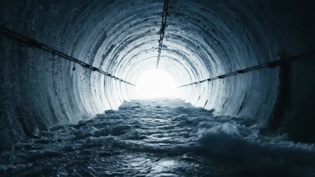 Turbulent water rushing through dark concrete tunnel toward bright light for dramatic and cinematic content