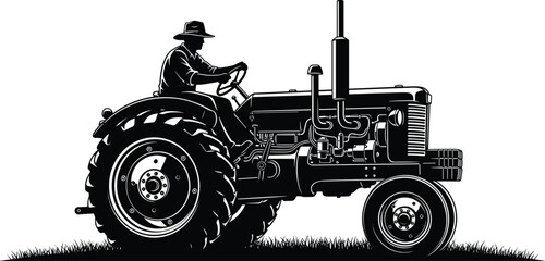 Black and white silhouette of farmer driving tractor with detailed wheels and engine, rural agriculture machinery illustration for farming and countryside design © Adib