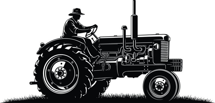 Black and white silhouette of farmer driving tractor with detailed wheels and engine, rural agriculture machinery illustration for farming and countryside design
