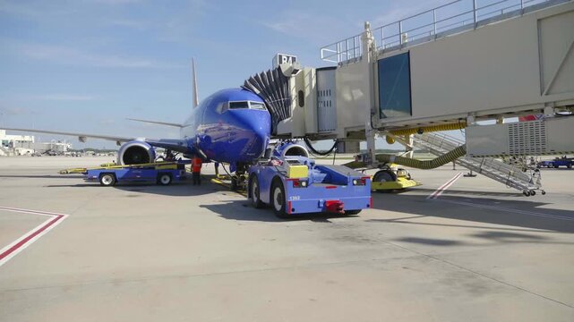 Ground Crew Preparing Blue Airplane At Jet Bridge On Airport Tarmac With Tow Tractor