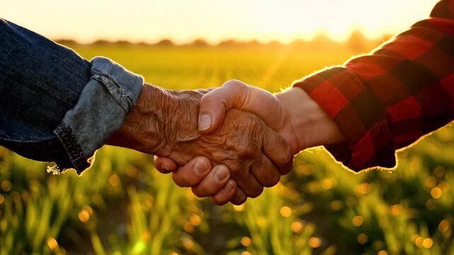 Two farmers shaking hands in sunny green field for agriculture and business deal content