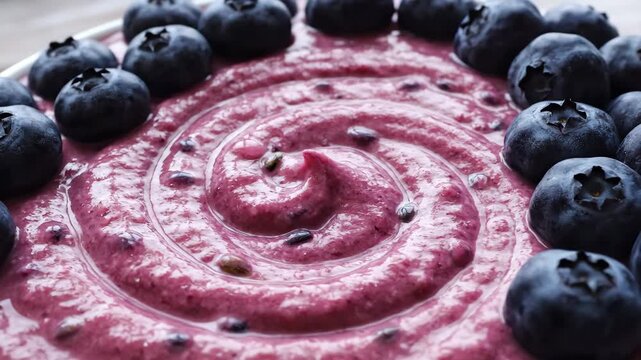 Blueberry smoothie bowl with fresh berries arranged in swirl pattern for food and healthy eating content