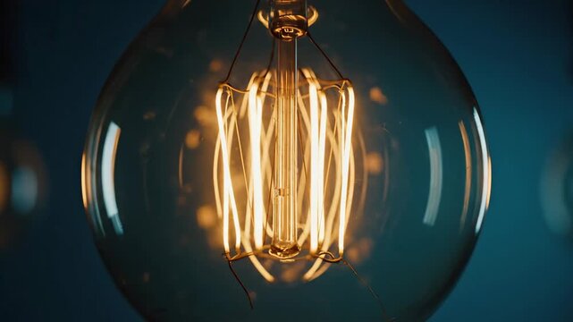 Vintage Edison light bulb glowing close up on dark teal background for energy and ideas content