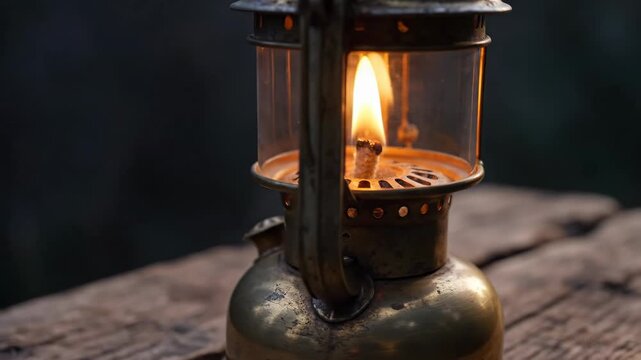 Vintage brass oil lantern burning with open flame on wooden surface for rustic and atmospheric content