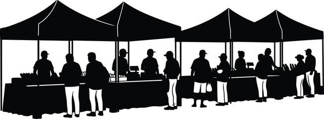 Outdoor market silhouettes with people shopping at street stalls under tents, vendors and customers in marketplace scene isolated on white background, retail concept illustration © Adib