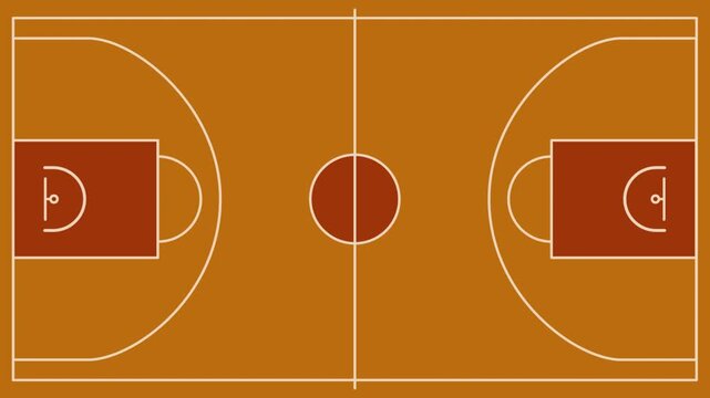Slow zoom out from a vector basketball court. Minimalist flat design of a sports arena with orange and white colors for competition highlights, gaming UI, and fitness app backgrounds.