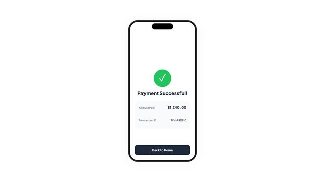 Mobile App Payment Success Animation with Transaction Details and Checkmark