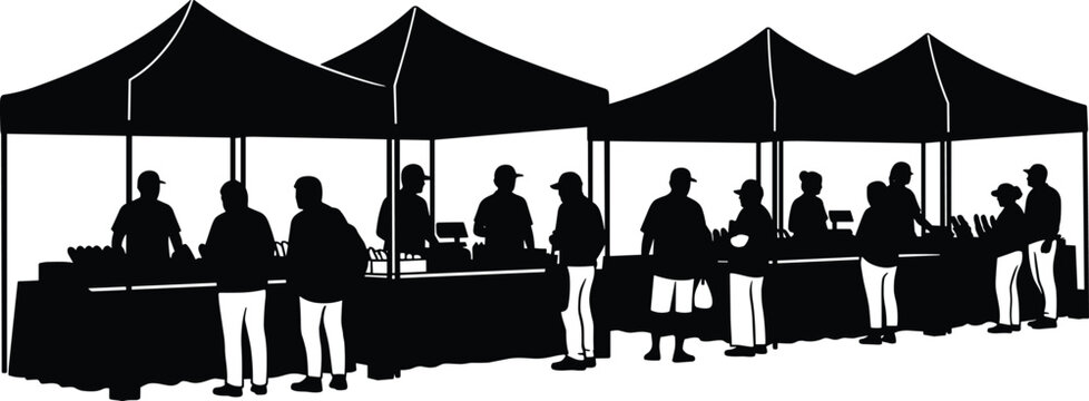 Outdoor market silhouettes with people shopping at street stalls under tents, vendors and customers in marketplace scene isolated on white background, retail concept illustration