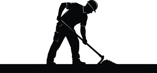 Silhouette illustration of construction worker wearing hard hat and using shovel to move dirt or gravel, symbolizing manual labor, infrastructure development, and building industry © Adib