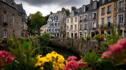 Fototapeta premium Charming riverside houses and vibrant flowers capture a picturesque scene. Enjoy the delightful blend of nature and architecture. Perfect for travel and lifestyle inspiration. AI