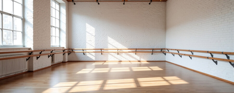 Spacious dance studio with wooden ballet barre and natural light illuminating wooden floor. Dance studio features large windows creating bright atmosphere for practice.
