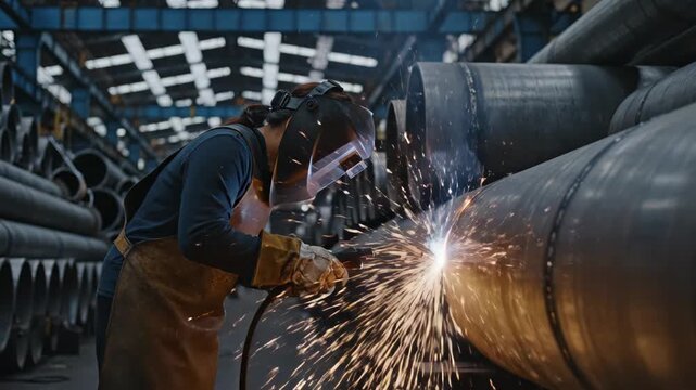 Welder grinding and welding large steel pipes in industrial warehouse for manufacturing content