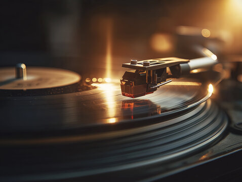 Macro shot of a turntable needle playing a vinyl record, vintage analog audio equipment with warm golden bokeh lighting, cinematic music background.