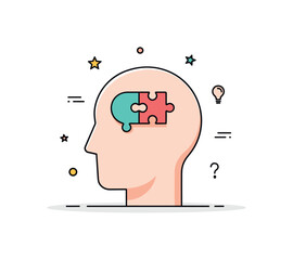 Puzzle brain teaser idea illustrated by a stylized head silhouette with a missing puzzle piece shape near the temple area. A modern metaphor of critical