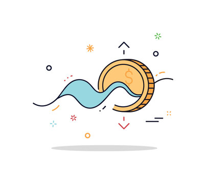 Economic growth and contraction cycle illustrated by a smooth wave graph passing through a coin silhouette with subtle up and down markers. The composition