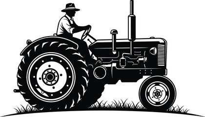 Silhouette of farmer driving tractor on grass field, representing rural agriculture, farm machinery, cultivation, and traditional agricultural lifestyle illustration for farming heritage © Adib