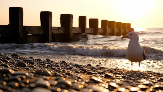 Seagull standing on pebble beach at golden sunset with waves and wooden groynes for nature and wildlife content