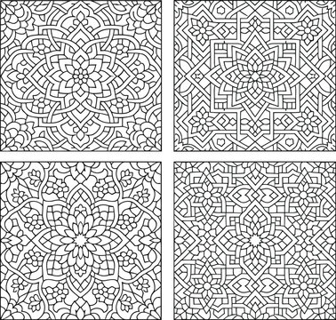 Mandala patterns, geometric designs, black and white, vector illustrations, coloring book pages, 4 tile set