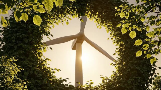 Wind turbine rotating behind green leaves framed by trees for renewable energy and ecology content