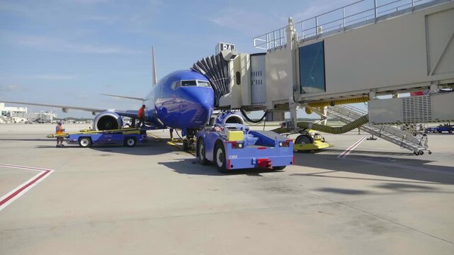 Ground Crew Preparing Blue Airplane At Jet Bridge On Airport Tarmac With Tow Tractor