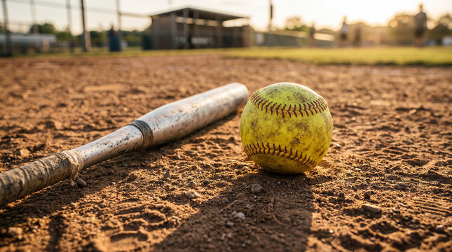 A softball and bat resting on a dirt field, bathed in sunlight.