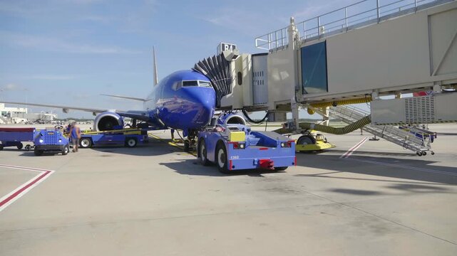 Ground Crew Preparing Blue Airplane At Jet Bridge On Airport Tarmac With Tow Tractor