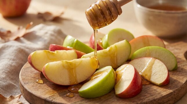 Sliced apples drizzled with honey on wooden cutting board  