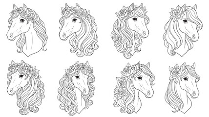 Obraz premium Horses with ornate floral crowns showcasing diverse hairstyles and artistic line drawings for coloring.