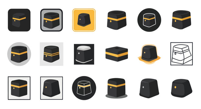 Diverse Kaaba and Kufi icons for Islamic pilgrimage and culture.