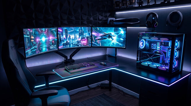 A modern gaming setup with three curved monitors displaying futuristic scenes, a custom PC, and LED lighting creating a vibrant atmosphere.