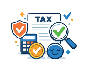 Tax review workflow highlighting verification and peace of mind. A clear symbolic scene where a tax form is checked and validated through simple visual cues.