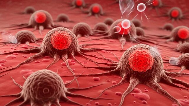 Cancer Cell Microcosm: A detailed representation of cancerous cells, showcasing their structure and environment within a biological system.