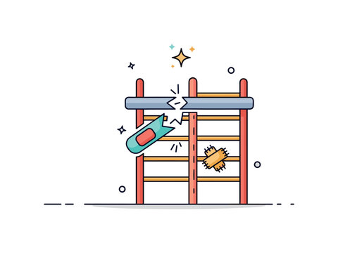 Resilience building process illustrated through a broken ladder step repaired with a visible patch and a small star accent above, symbolizing perseverance,