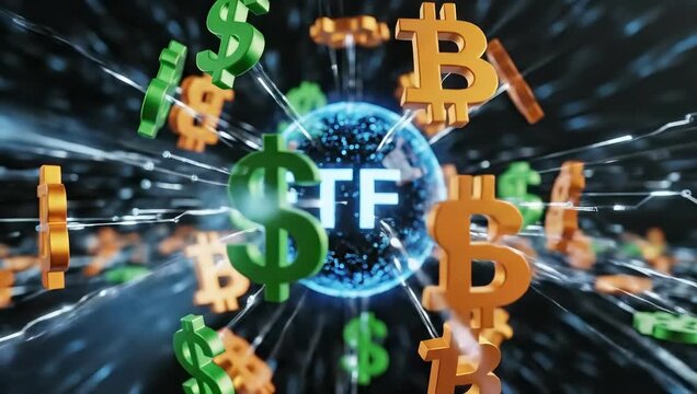 Bitcoin and dollar signs float around digital globe. Animated cryptocurrency market dynamics. Global finance concept for investment strategies and profit opportunities. Visual representation of