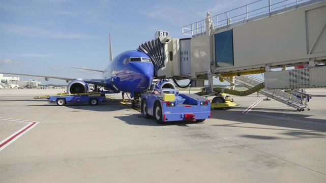 Ground Crew Preparing Blue Airplane At Jet Bridge On Airport Tarmac With Tow Tractor