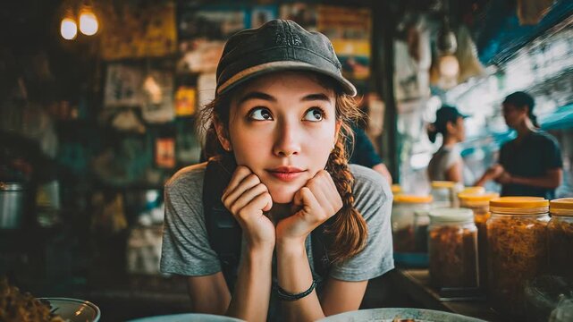 Pensive young woman thoughtfully gazing upwards with hands gently supporting her chin in a vibrant, natural light environment.