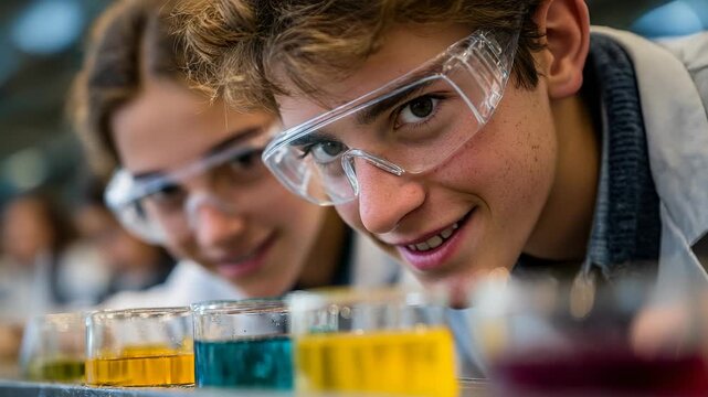 Focused Young Scientists Conducting Chemistry Experiment with Test Tubes and Safety Goggles in Laboratory Setting.