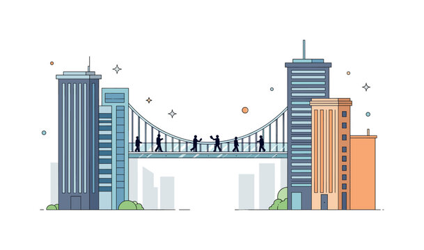 Glass skybridge with tiny silhouette figures crossing between high rise structures symbolizing movement, opportunity, and corporate interaction. Subtle light