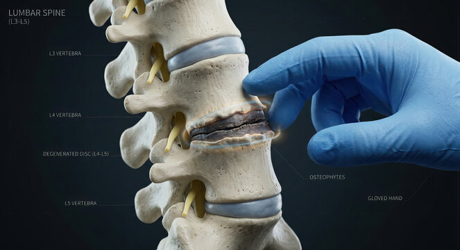 Lumbar spine model medical spine anatomy degenerated disc lumbar vertebra osteophyte spinal surgery orthopedic doctor gloved hand healthcare concept back pain model Lumbar spine model with medical