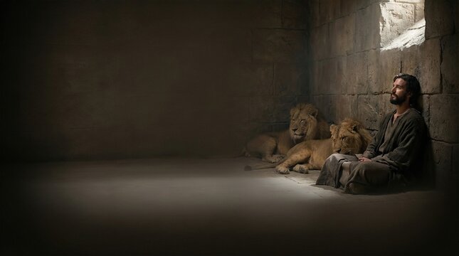 Prophet Daniel in a dark dungeon with lions. Man in the lions den from the Old Testament. Christian religion.