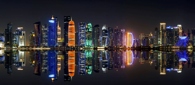 Night Panoramic View of Doha Skyline, Qatar