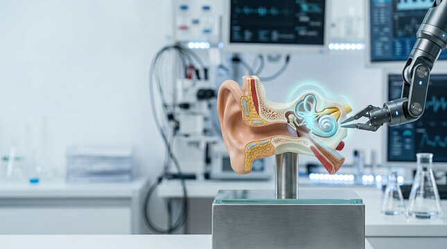 Robotic surgery ear model medical technology hospital laboratory hearing innovation prosthesis equipment diagnosis healthcare anatomy otology research surgeon precision digital interface implant