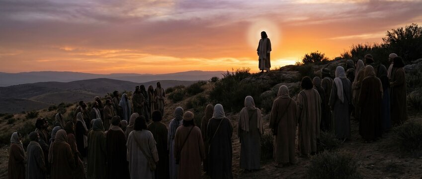 Jesus delivers the Sermon on the Mount to a large crowd of men and women disciples at sunset. Biblical story for religious education. Banner with copy space