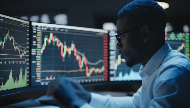Stock trader analyzing market data on multiple screens. Focused professional reviews charts and statistics. Financial analysis supports investment decisions in vibrant atmosphere.