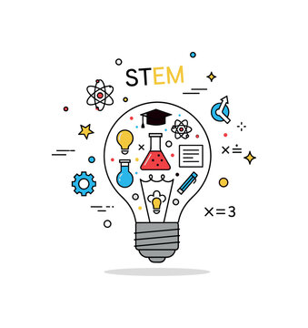 STEM education concept with a central lightbulb containing simple science icons representing curiosity and interdisciplinary learning. Small atom, gear, and