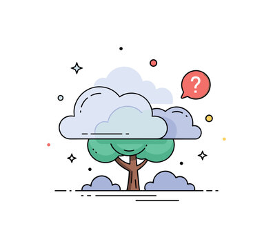 Foggy landscape disorientation scene featuring a lone tree partially hidden by smooth translucent cloud shapes and a small question mark accent, expressing