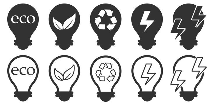 Eco light bulb icon set, energy and electricity symbols with leaf and recycle signs, solid style, on transparent background